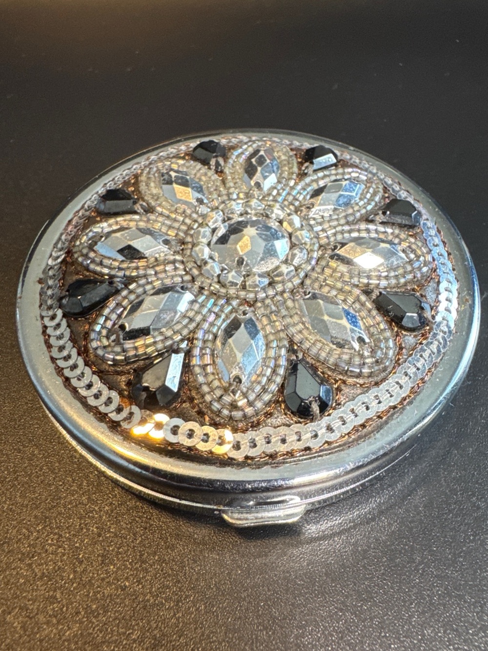 Brighton Beaded Floral Rhinestone Compact Mirror Silver Tone Dual Pocket